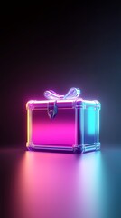 A vibrant, glowing gift box illuminated with colorful neon lights against a dark background, ideal for celebrations.