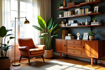 A stylish modern mid-century living room with warm tones and minimalist decor  .