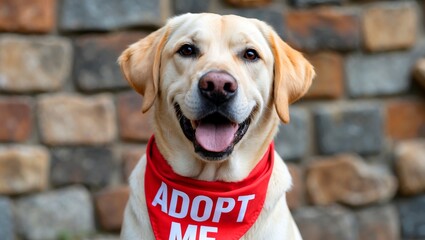Adorable yellow labrador retriever smiling in adopt me bandana