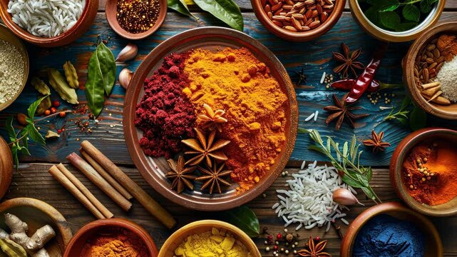 Explore an array of vibrant spices arranged beautifully, showcasing their colors and textures in a lively kitchen environment