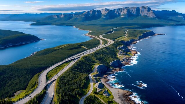 Aerial view of cabot trail along cape breton coast
