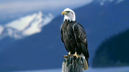 A majestic bald eagle perched on a weathered tree stump against a clear blue sky, symbolizing strength and freedom.