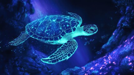 Obraz premium Neon illuminated turtle underwater, creating a mystical bioluminescent spectacle