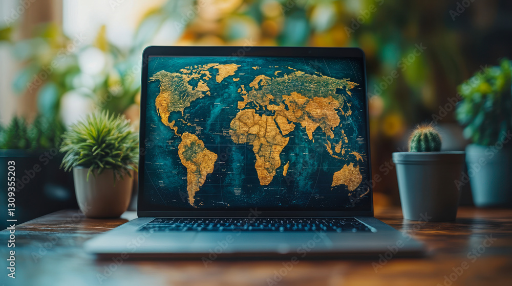 Poster digital accessibility concept: global information accessibility on laptop with world map display sur