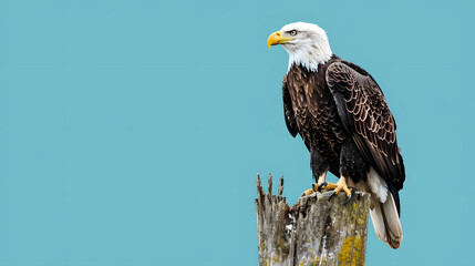 A powerful image of a bald eagle sitting on a rugged tree stump, with striking artistic lighting effects.