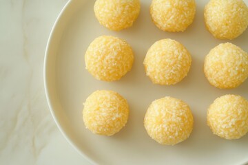 Sweet Coconut Balls on a White Plate Surrounded by Neutral Space