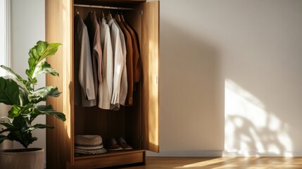Open wooden wardrobe with neatly arranged clothes, shoes, and hat; sunlight streams in.