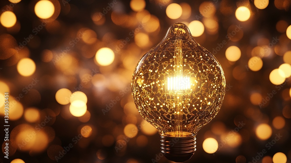Poster close up of glowing filament in light bulb with warm blurred bokeh background showcasing concept of 