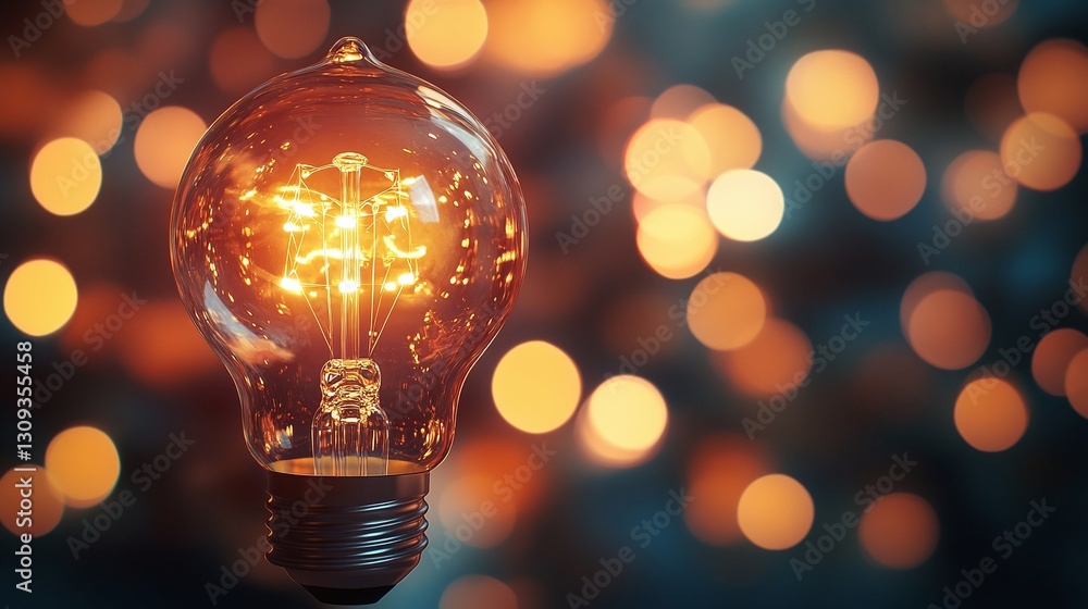 Poster close up of glowing filament in light bulb with warm blurred bokeh background showcasing concept of 