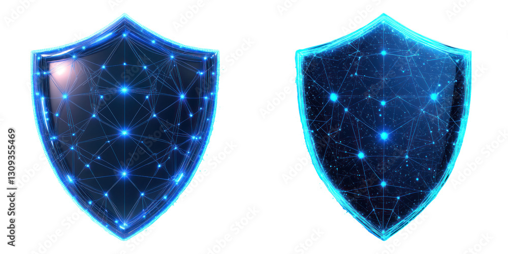 Aufkleber two digital shields with glowing neural network lines symbolize cybersecurity