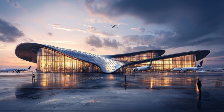 Modern international airport terminal, massive glass windows and planes taxiing