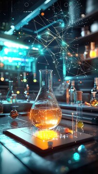 Lab experiment, chemical reaction, glowing liquid, research, science, technology