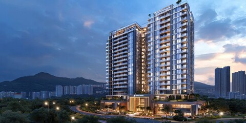 Modern luxury high-rise residential building with glass facade, bright and elegant lighting, soft sky background
