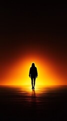 Fototapeta premium A silhouette of a person walking towards a warm, glowing horizon, evoking feelings of hope and introspection.