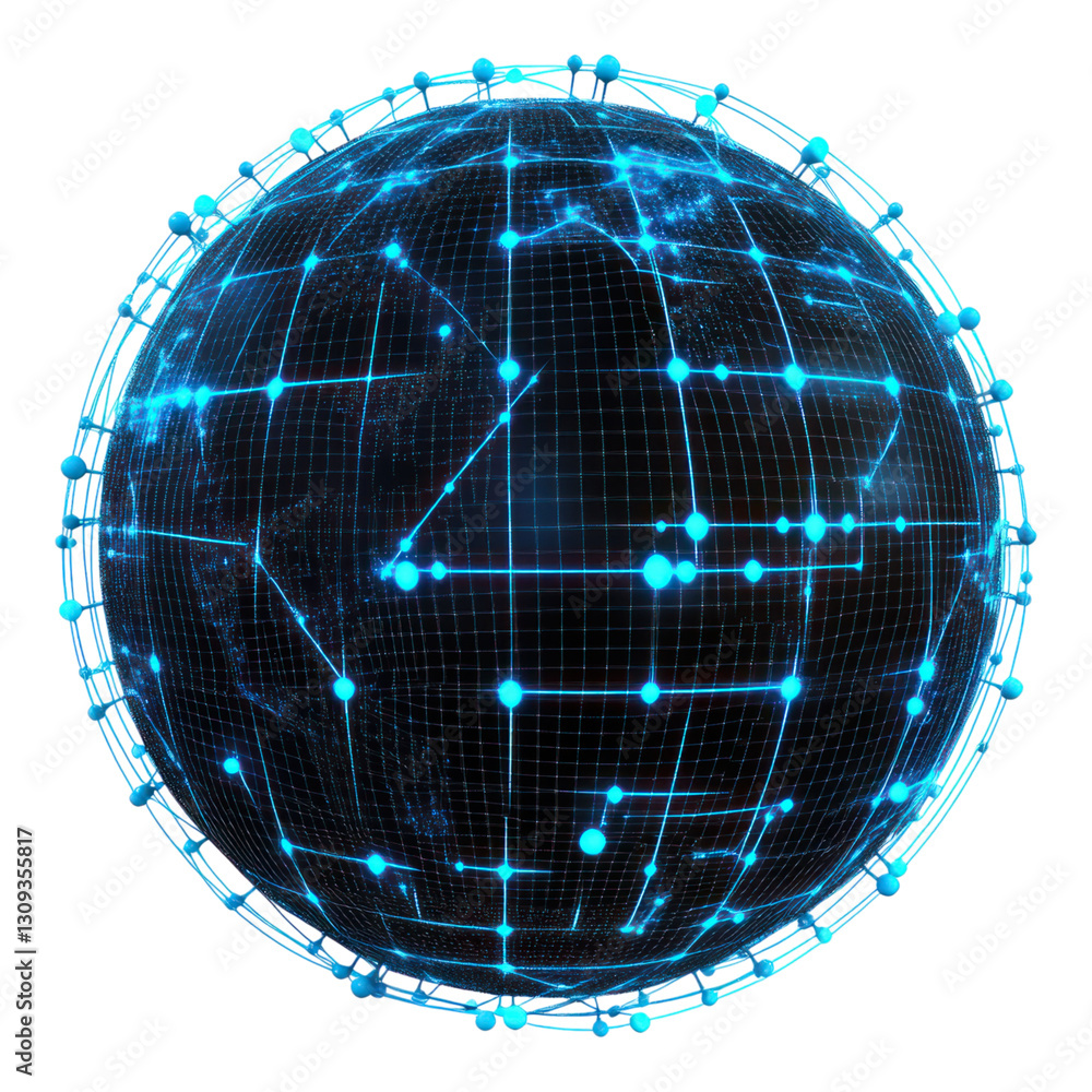 Poster glowing digital globe with interconnected blue lines and nodes representing global connectivity