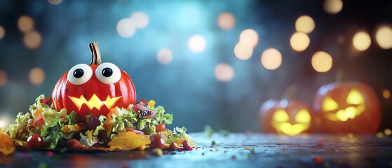 Colorful Halloween pumpkins with funny faces and festive decorations, creating a cheerful autumn atmosphere.