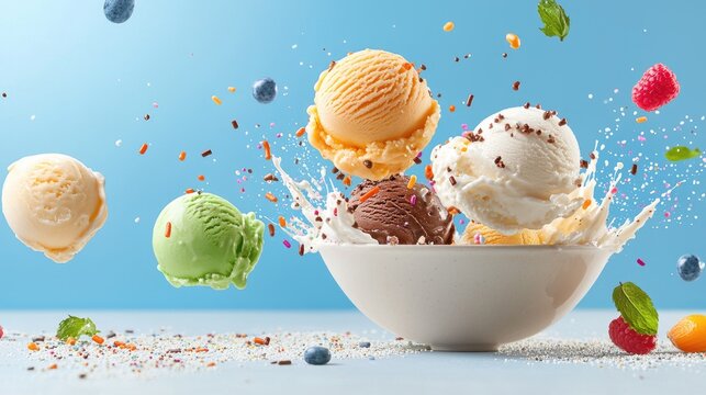 Colorful scoops of ice cream exploding into a swirl of sprinkles and toppings.