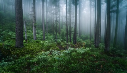 Obraz premium Rainy Forest Gradient. Moody misty gray, deep green & soft teal blend. Serene, atmospheric texture. Calming background.