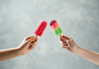 Colorful ice pops held by two hands, perfect for summer treats