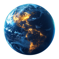 The illuminated outline of North and South America is visible against the dark blue hue of Earth's oceans.