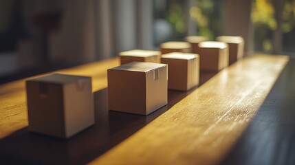 Small Cardboard Boxes Lined Up On Wooden Table