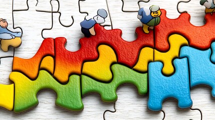 Puzzle of Progress: A vibrant jigsaw puzzle, adorned with miniature figures, represents a team effort towards a cohesive and colorful goal. Each piece represents a step toward completion.