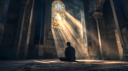 A man praying in the mosque, illuminated by light rays from an arched window above him
