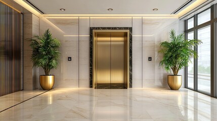 Contemporary office building elevator entrance with stylish design, gold accents, and warm lighting.