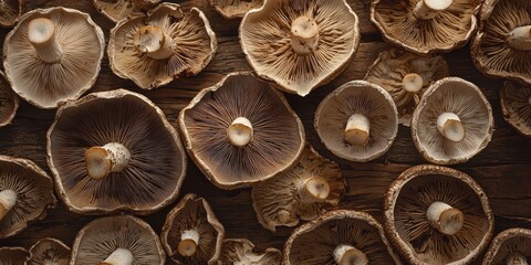 Mushroom slices floating with earthy brown tones on a warm rustic backdrop