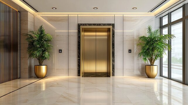 Contemporary office building elevator entrance with stylish design, gold accents, and warm lighting.