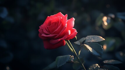 Obraz premium Crimson rose blooms in the shadows petals bathed in soft light A symbol of love elegance and timeless beauty