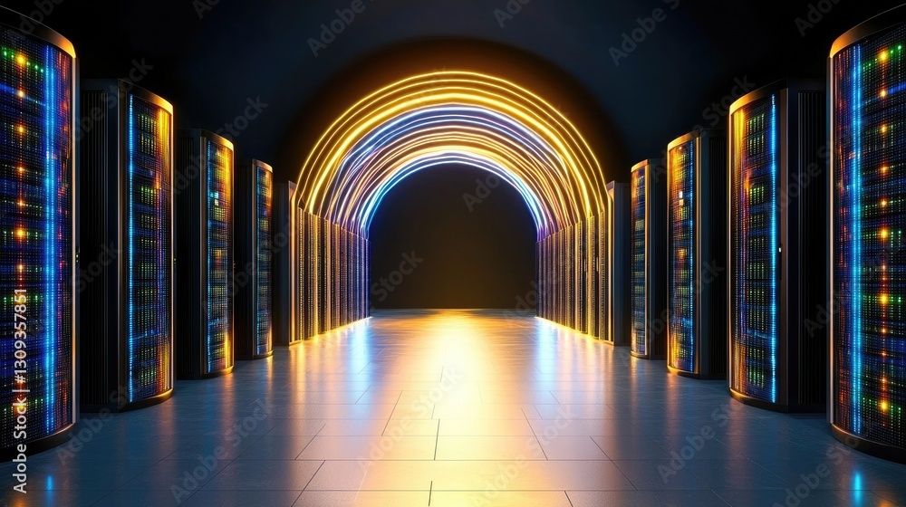Poster cybersecurity concept background with bright neon lines and encrypted data particles.