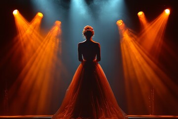 Spotlight shines on dancer in elegant gown during performance in theater at night