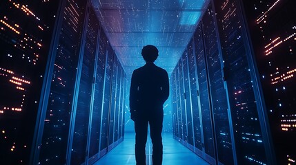 Obraz premium Person standing in a server room.