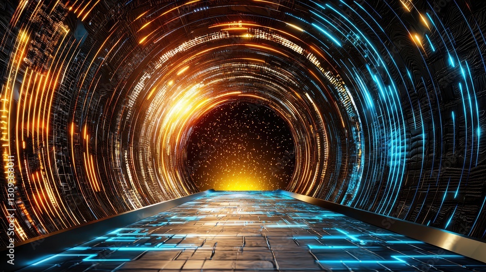 Poster cybersecurity concept background with bright neon lines and encrypted data particles.