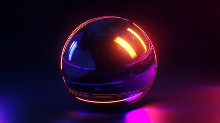 Glowing orb reflecting light on dark surface with neon background