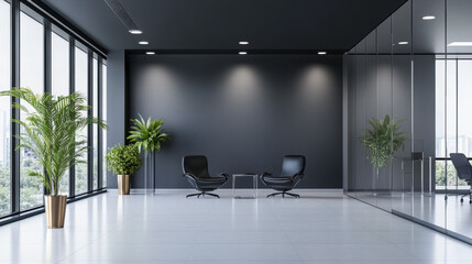 Obraz premium Modern Office Interior with a Large Blank Dark Grey Wall for Branding or Advertising Mockup