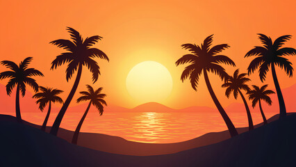 A serene sunset over the ocean, framed by silhouettes of palm trees on a tranquil beach.