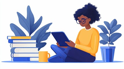 Woman Studying with Tablet and Books