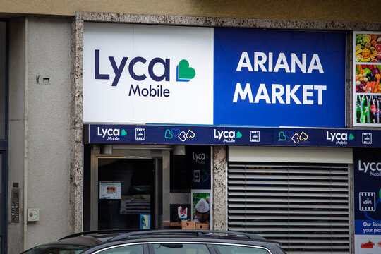 GRAZ, AUSTRIA - DECEMBER 17, 2024: Selective blur on a Lycamobile logo on their reseller for Graz. Lyca Mobile, part of Lyca Group, is a british virtual network operation on mobile phones.