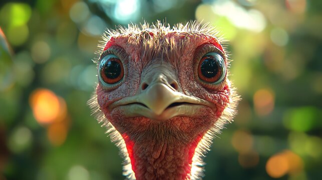 Curious turkey poult close-up, sunlit foliage