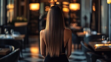 Woman with long brown hair stands in a restaurant