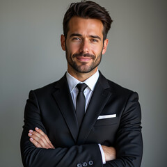 Un hombre de 30 a&ntilde;os es un oficinista guapo.Llevo un traje, me queda bien la barba y me gusta el peinado.