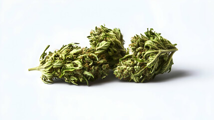 Close Up Shot Of Three Green Cannabis Buds On A White Background