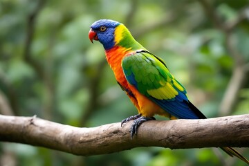 Naklejka premium A colorful parrot perched on a wooden branch with a blurred jungle background.