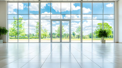 Modern Architectural Interior With Panoramic Windows And A View Of The Blue Sky And Green Landscape