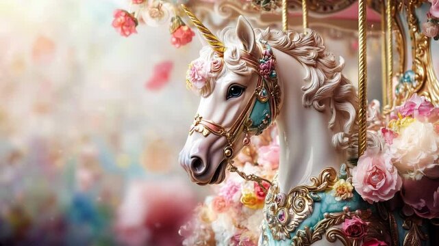 Enchanting carousel unicorn with golden harness surrounded by pink cherry blossoms. Dreamy merry-go-round horse in soft colors. Fantasy, childhood nostalgia concept. Amusement parks. Horizontal video