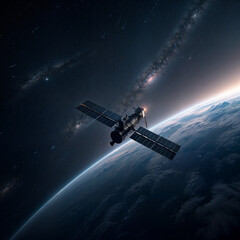 Un sat&eacute;lite artificial est&aacute; volando en el espacio.Un universo hermoso