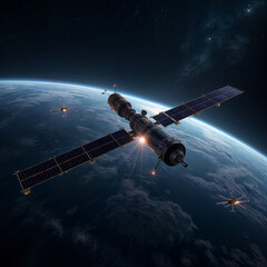 Un sat&eacute;lite artificial est&aacute; volando en el espacio.Un universo hermoso