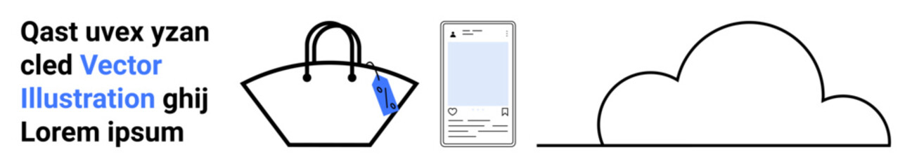 Shopping bag with a blue click element, mobile screen setup, and cloud outline. Ideal for e-commerce, online shopping, technology, cloud storage, digital platforms, user interface flat landing page